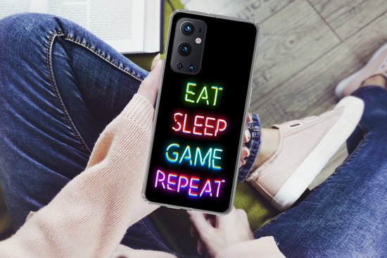 Convient pour la coque OnePlus 9 Pro - Gaming - Led - Citation - Eat sleep game répétition - Jeux - Siliconen Phone Case