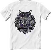 Uil - Dieren Mandala T-Shirt | Paars | Grappig Verjaardag Zentangle Dierenkop Cadeau Shirt | Dames - Heren - Unisex | Wildlife Tshirt Kleding Kado | - Wit - L