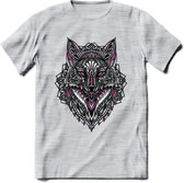 Vos - Dieren Mandala T-Shirt | Roze | Grappig Verjaardag Zentangle Dierenkop Cadeau Shirt | Dames - Heren - Unisex | Wildlife Tshirt Kleding Kado | - Licht Grijs - Gemaleerd - 3XL