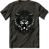 Tijger - Dieren Mandala T-Shirt | Groen | Grappig Verjaardag Zentangle Dierenkop Cadeau Shirt | Dames - Heren - Unisex | Wildlife Tshirt Kleding Kado | - Donker Grijs - S
