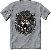 Tijger - Dieren Mandala T-Shirt | Geel | Grappig Verjaardag Zentangle Dierenkop Cadeau Shirt | Dames - Heren - Unisex | Wildlife Tshirt Kleding Kado | - Donker Grijs - Gemaleerd -