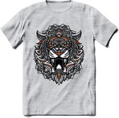 Tijger - Dieren Mandala T-Shirt | Oranje | Grappig Verjaardag Zentangle Dierenkop Cadeau Shirt | Dames - Heren - Unisex | Wildlife Tshirt Kleding Kado | - Licht Grijs - Gemaleerd -