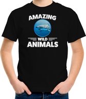 T-shirt haai - zwart - kinderen - amazing wild animals - cadeau shirt haai / haaien liefhebber L (146-152)