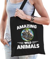 Katoenen tasje koala - zwart - volwassen + kind - amazing wild animals - boodschappentas/ gymtas/ sporttas - koalaberen fan