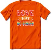 Love Has No Gnder | Pride T-Shirt | Grappig LHBTIQ+ / LGBTQ / Gay / Homo / Lesbi Cadeau Shirt | Dames - Heren - Unisex | Tshirt Kleding Kado | - Oranje - M