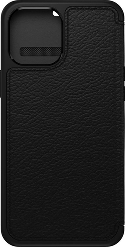 Zwarte OtterBox Strada case met lederlook textuur en uitsparing voor cameralens.