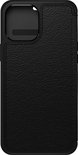 Zwarte OtterBox Strada case met lederlook textuur en uitsparing voor cameralens.