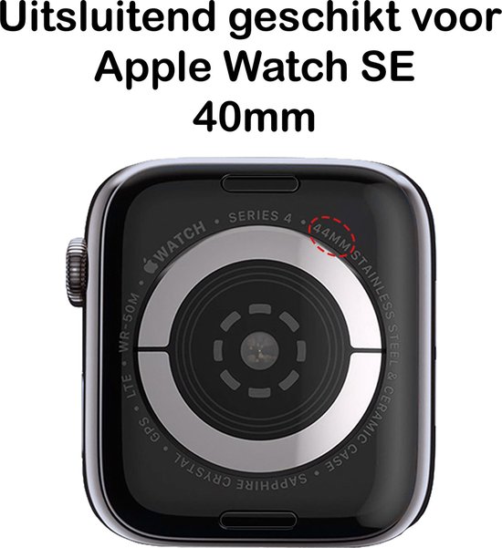De achterkant van een Apple Watch SE 40mm, met tekst die aangeeft dat deze uitsluitend geschikt is voor dit model.