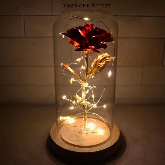 Roses of Eternity - Gouden roos in glazen stolp met LED - Cadeau voor vrouw - Huwelijk - Valentijn - Vriendin