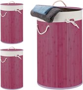 Relaxdays 3x wasmand bamboe - wasbox met deksel - 70 liter - rond - 65 x 41 cm - paars