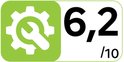 Groen label met een tandwiel en moersleutel icoon, met de tekst '6,2 / 10'.