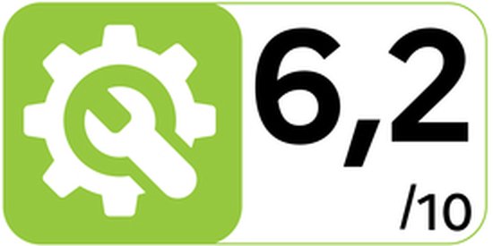 Groen label met een tandwiel en moersleutel icoon, met de tekst '6,2 / 10'.