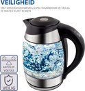 Glazen waterkoker met kokend water, LED-verlichting en veiligheids- en antislip-pictogrammen.