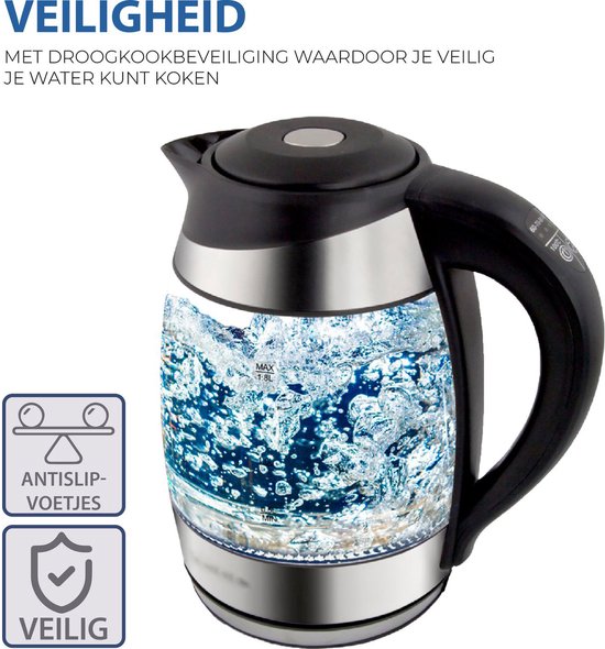 Glazen waterkoker met kokend water, LED-verlichting en veiligheids- en antislip-pictogrammen.