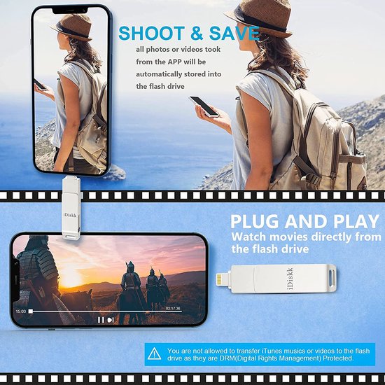 USB Stick IPhone 128GB 3-in-1 OTG Foto Video Opslag Geen App EOZNOE 128 GB Flashdrive Voor IPhone & Android - 3-in-1 USB Stick Met Lightning, USB-A En USB-C Adapter Iphone Se 128gb