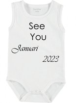 Baby Rompertje met tekst 'See you Januari 2023' | mouwloos l | wit zwart | maat 50/56 | cadeau | Kraamcadeau | Kraamkado