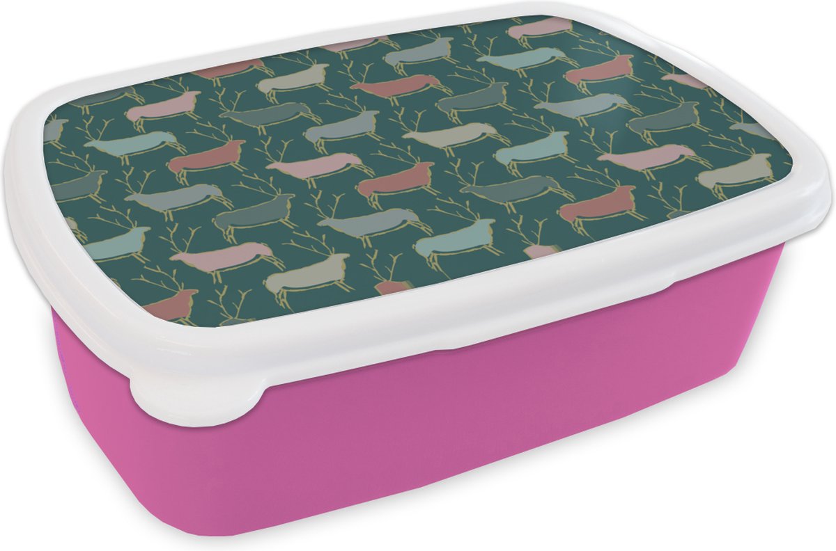 Broodtrommel Roze - Lunchbox - Brooddoos - Patronen - Hert - Groen - 18x12x6 cm - Kinderen - Meisje