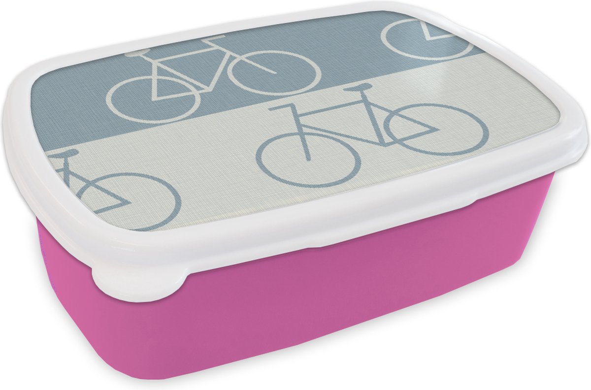 Broodtrommel Roze - Lunchbox - Brooddoos - Fiets - Blauw - Patroon - 18x12x6 cm - Kinderen - Meisje