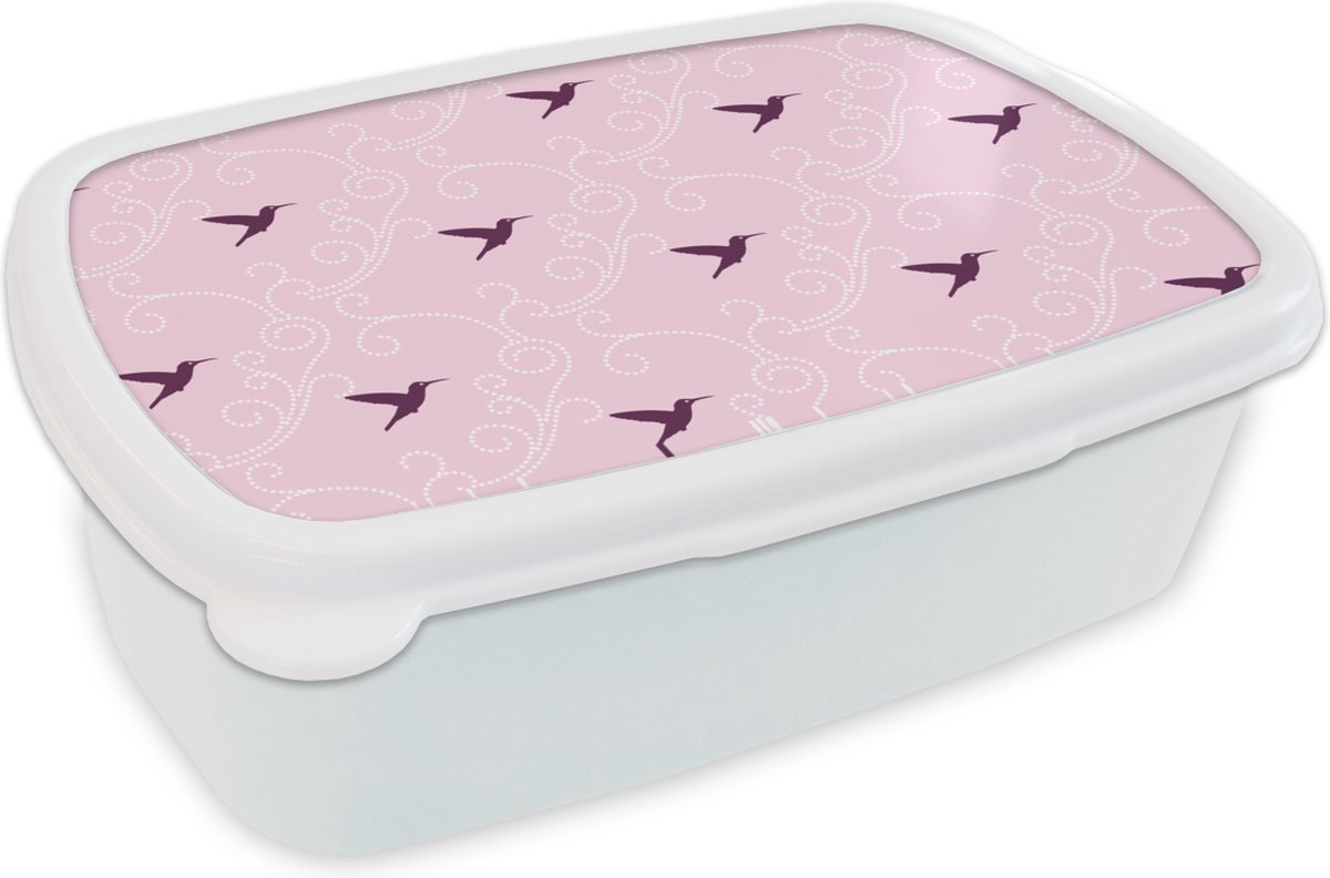 Broodtrommel Wit - Lunchbox - Brooddoos - Vogel - Patronen - Roze - 18x12x6 cm - Volwassenen