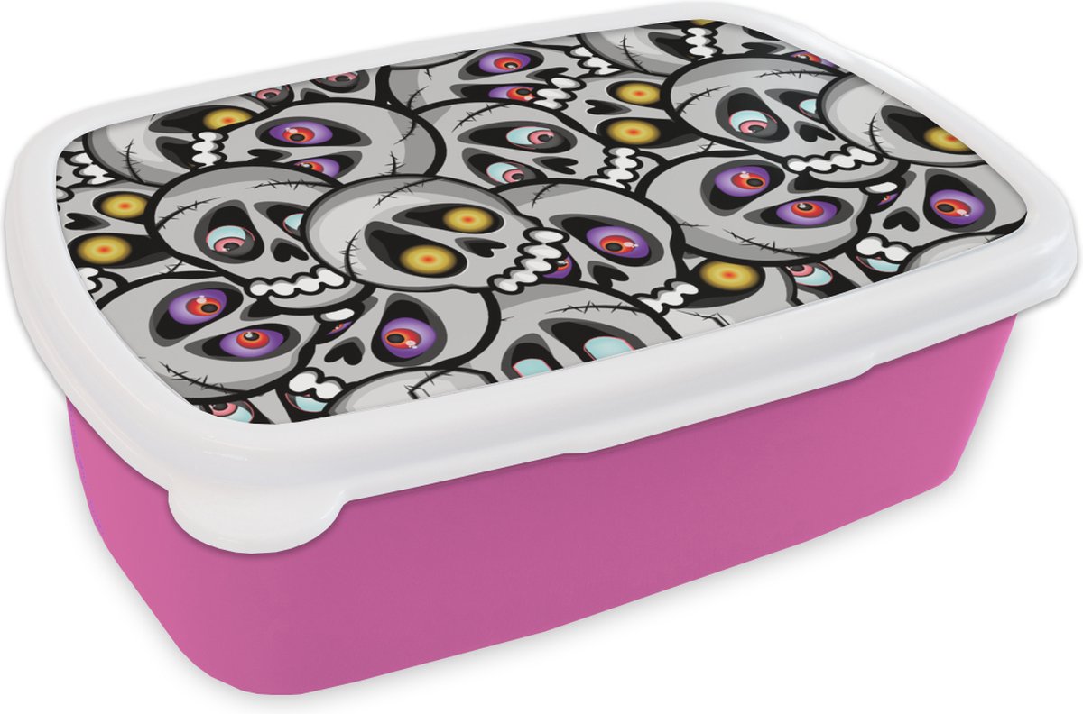 Broodtrommel Roze - Lunchbox - Brooddoos - Schedel - Patroon - Ogen - 18x12x6 cm - Kinderen - Meisje