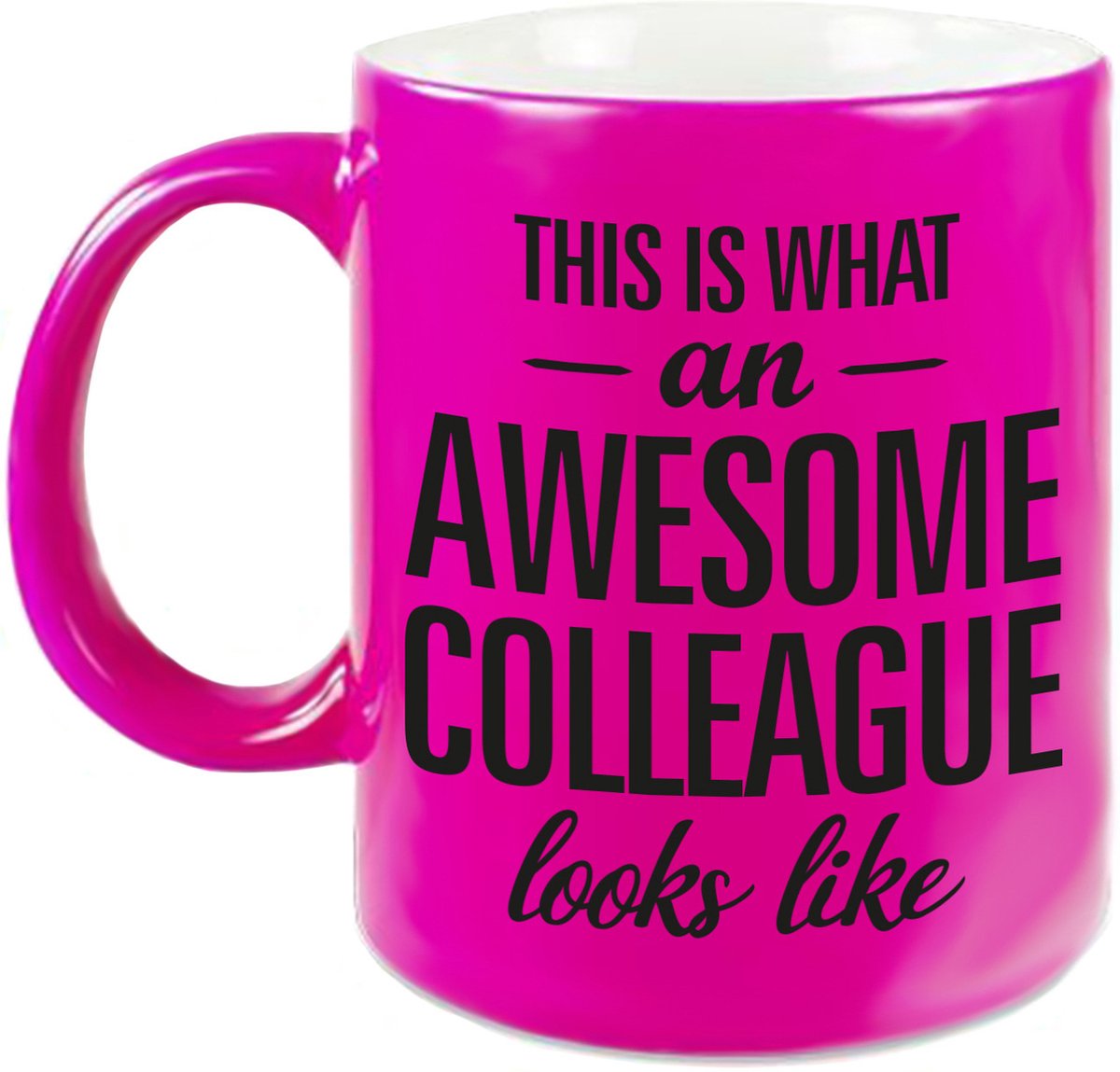 Awesome colleague - cadeau koffiemok - beker - 300 ml - collega afscheid - neon roze