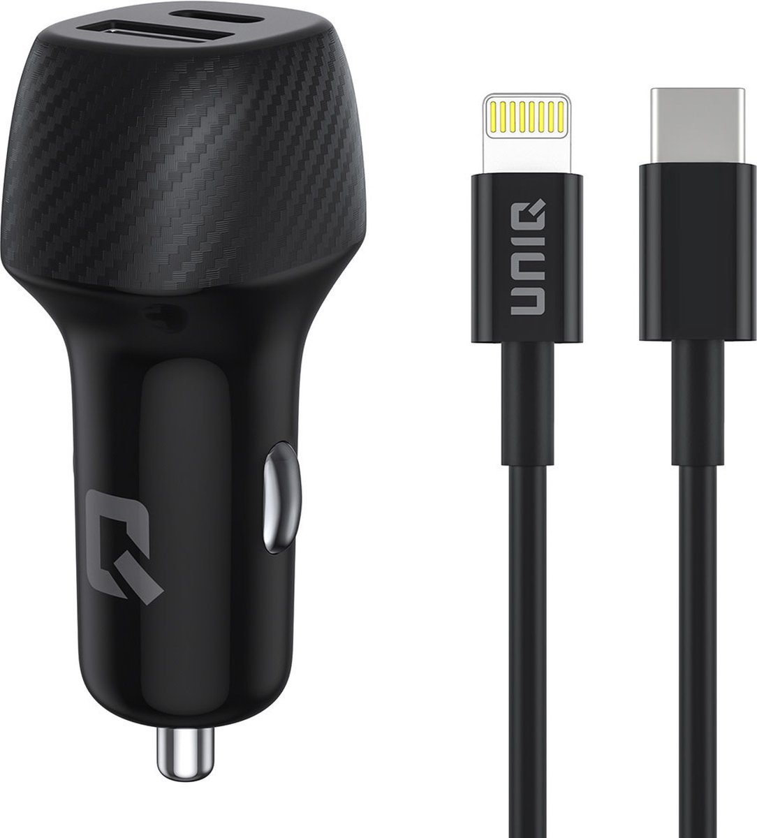 UNIQ Accessory 2.4A 36 Watt Dual port Snelle Autolader - met kabel - Lightning USB - Zwart
