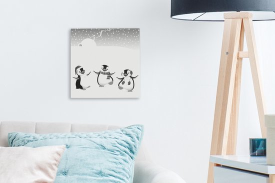 Tableau sur toile Une illustration de trois pingouins dans la neige - noir et blanc - 20x20 cm - Décoration murale