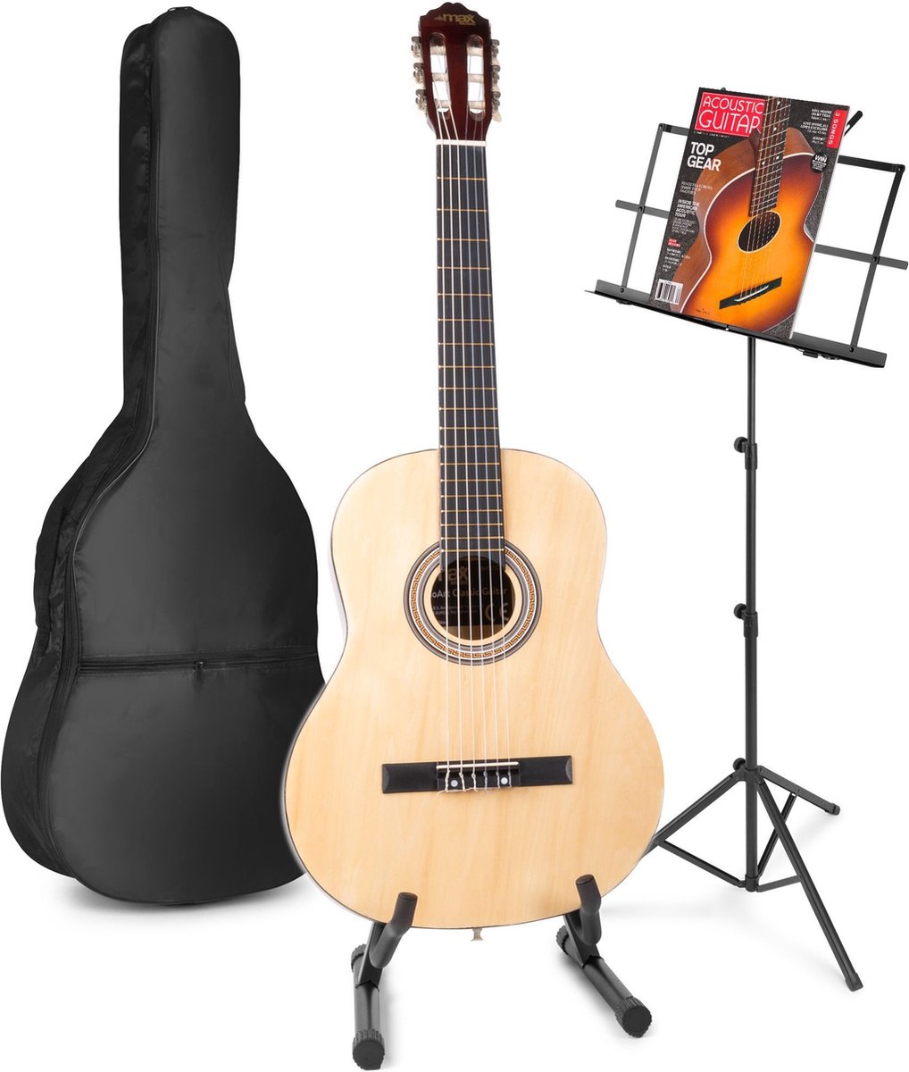 Akoestische gitaar voor beginners - MAX SoloArt klassieke gitaar / Spaanse gitaar met o.a. 39'' gitaar, gitaar standaard, muziekstandaard, gitaartas, gitaar stemapparaat en extra accessoires - Hout