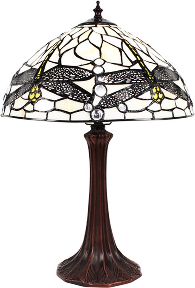 LumiLamp Tiffany Tafellamp Ø 31*43 cm E27/max 1*60W Wit Metaal, Glas Libelle Tiffany Bureaulamp Tiffany Lampen