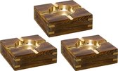 Set van 3x stuks terras asbakken vierkant metaal/hout 10 x 4 cm goud - Buiten asbakken