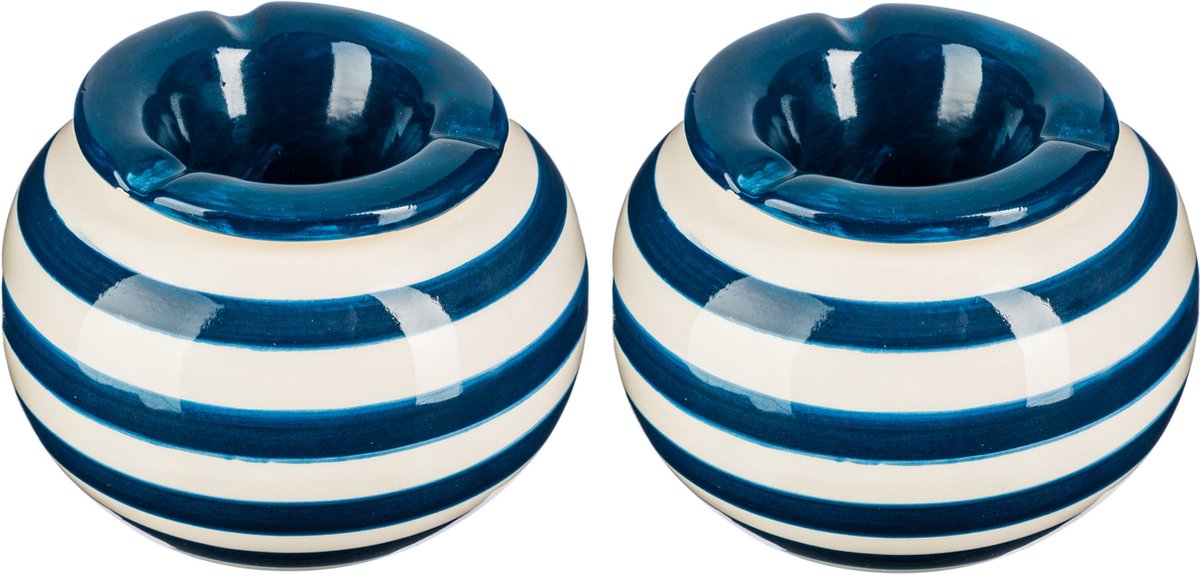 Terras asbak/stormasbak - 2x - rond - keramiek - 12 x 8 cm - blauw/wit - Buiten asbakken