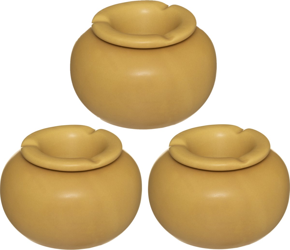 Goedkoopste Atmosphera Terras asbak - Set van 3x stuks - stormasbak - keramiek - okergeel - 13 x 9 cm - Buiten en binnen