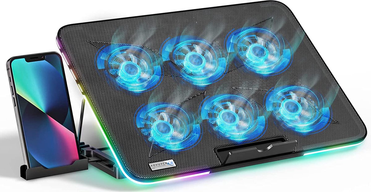 Laptop standaard met koeler RGB LED 6 stille ventilatoren 2 USB-poorten telefoonstandaard