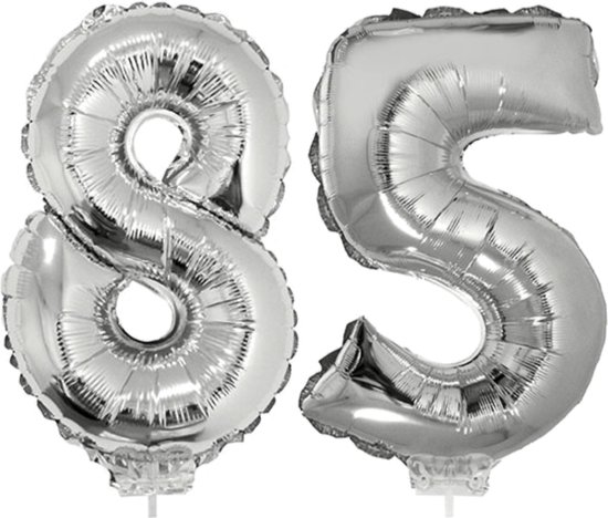 85 jaar leeftijd feestartikelen/versiering cijfers ballonnen op stokje van 41 cm - Combi van cijfer 85 in het zilver