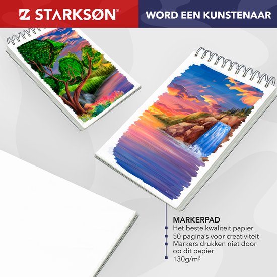 Twee schetsboeken met levendige landschapsschilderijen, met tekst over 'Markerpad'.