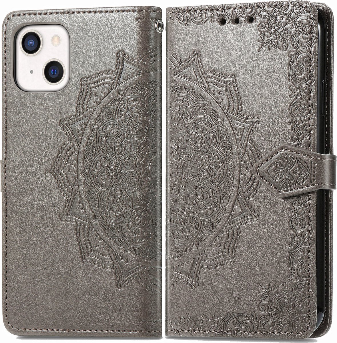 Bookcase geschikt voor Apple iPhone 13 Mini - Grijs - Bloemen - Portemonnee Hoesje