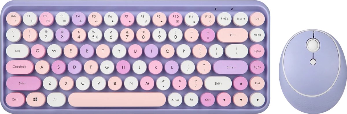 Perixx Periduo-713 PL draadloos compact Paars toetsenbord en muis - Pastel paars - Retro toetsenbord - Schattig toetsenbord - ronde toetsen - 2 4ghz - QWERTY/US