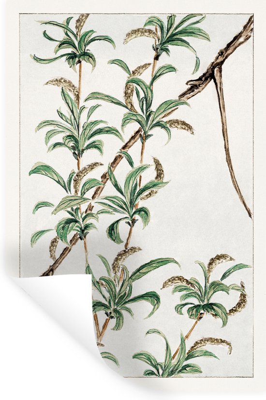 Imprimé botanique de feuilles vertes et de branches sur fond clair, avec un coin enroulé.