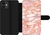 Bookcase Geschikt voor iPhone 11 telefoonhoesje - Marmer print - Wit - Roze - Met vakjes - Wallet case met magneetsluiting