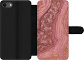 Bookcase Geschikt voor iPhone SE 2020 telefoonhoesje - Marmer print - Roze - Goud - Met vakjes - Wallet case met magneetsluiting