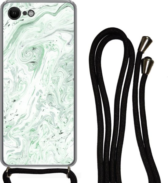 Coque avec cordon iPhone SE 2020 - Imprimé marbré - Vert - Wit - Siliconen - Bandoulière - Coque arrière avec cordon - Coque pour téléphone avec cordon - Coque avec corde