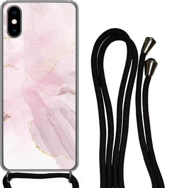 Telefoonkoord - Telefoonketting - Telefoonhoesje Geschikt voor iPhone X - Marmer print - Gouden - Lijn - Siliconen - Crossbody - Telefoonhoesje met koord Telefoonhoesje
