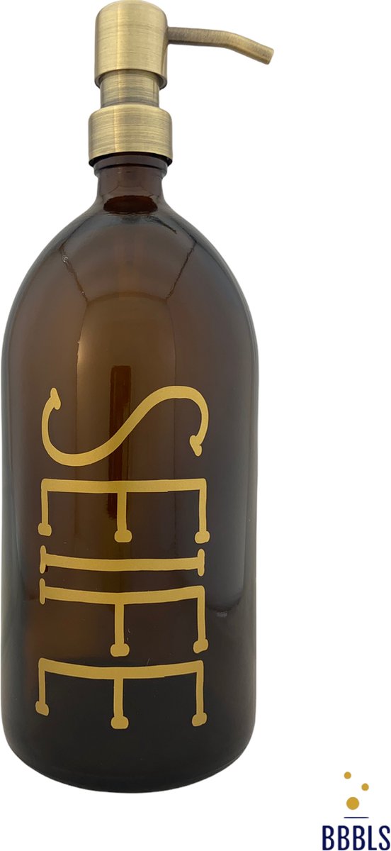 BBBLS® Design Dispenser "Seife" | Bruin Glas | 1 liter | RVS / Metaal Pomp Goud | Zeeppomp | Zeepdispenser | Zeephouder