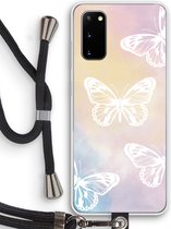 Case Company® - Samsung Galaxy S20 hoesje met Koord - White butterfly - Telefoonhoesje met Zwart Koord - Bescherming aan alle Kanten en Over de Schermrand