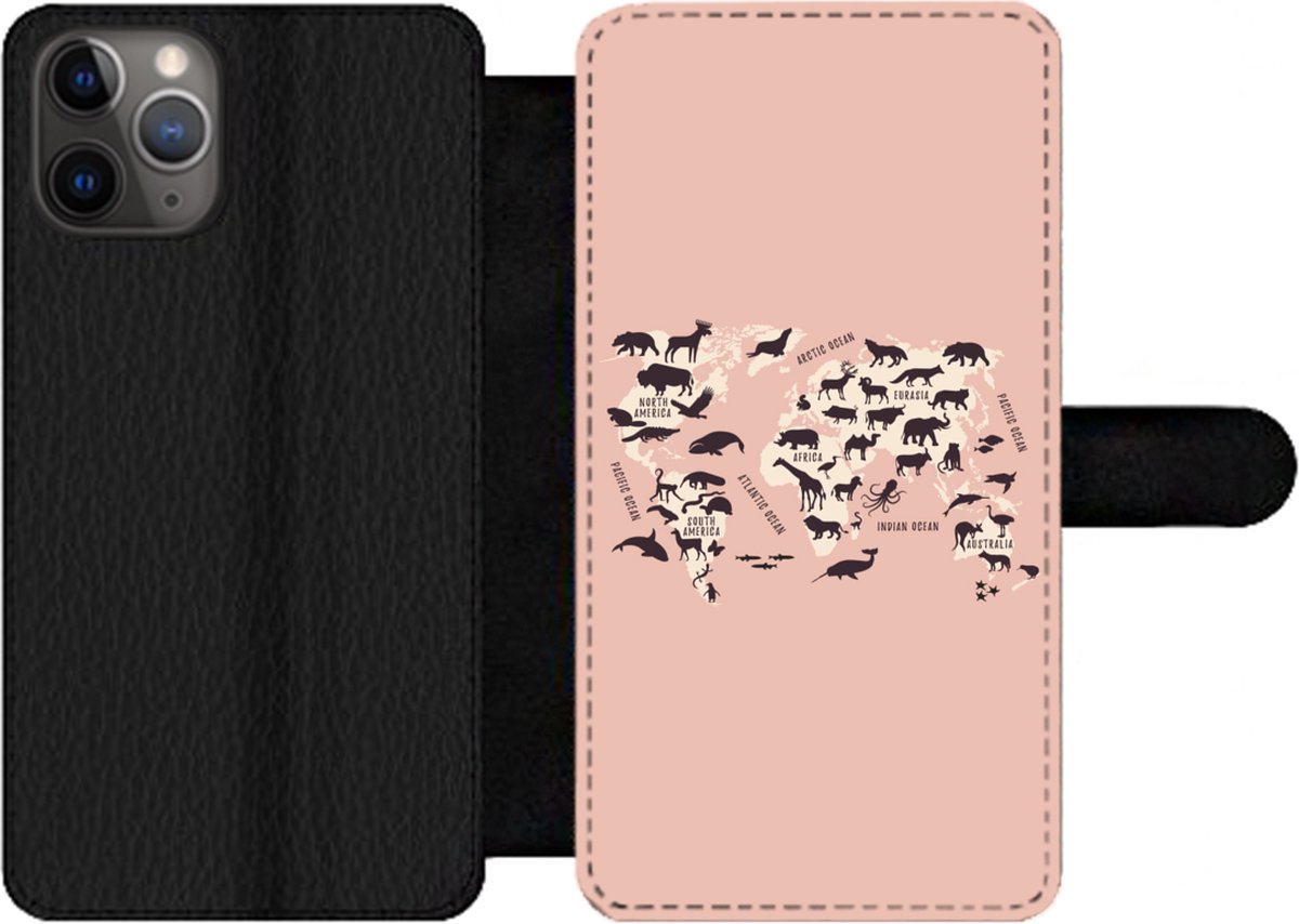 Telefoonhoesje Geschikt voor iPhone 11 Pro Max telefoonhoesje - Wereldkaart - Dieren - Silhouet - Met vakjes - Wallet case met magneetsluiting