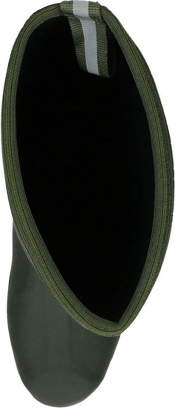 Bovenaanzicht van een groene Muck Boot Muckmaster laars, de opening heeft een gestreepte rand.