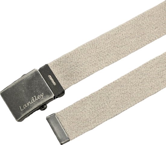 Beige Landley canvas riem met metalen gesp, van dichtbij bekeken.