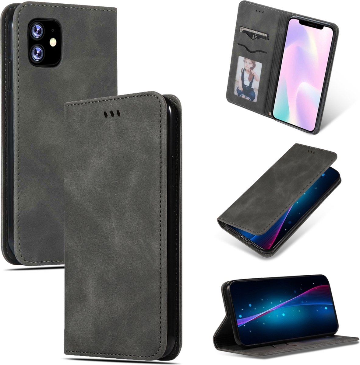 Mobigear Telefoonhoesje geschikt voor Apple iPhone 11 Hoesje | Mobigear Retro Slim Bookcase | Pasjeshouder voor 2 Pasjes | Telefoonhoesje voor Pinpas / OV Kaart / Rijbewijs - Grijs