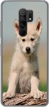 Geschikt voor Xiaomi Redmi 9 hoesje - Wolf - Kind - Hout - Siliconen Telefoonhoesje