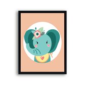Poster Olifant met bloemetje - Oranje / Jungle / Safari / 30x21cm
